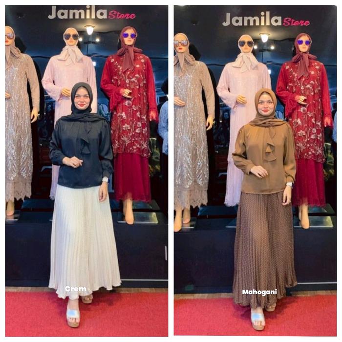 Jamila Store Baju Muslimah Elegan Warna Cram & Mahogani dengan Desain Ruffle di Lengan dan Detail bi