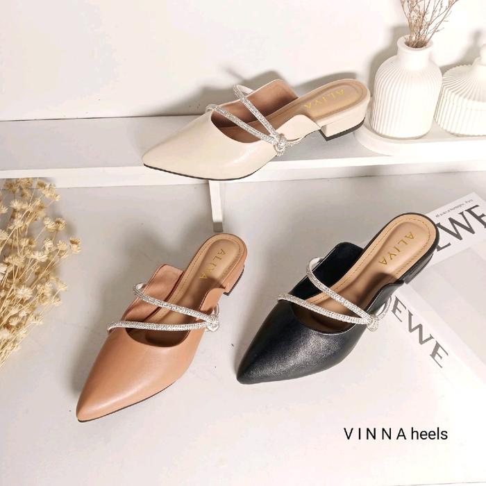Vinna Mules Wanita Sandal Pesta Heel/Hak 3cm Tali Mutiara