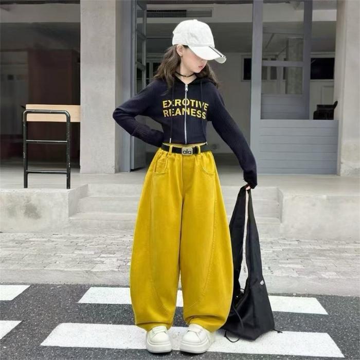 FLORA MARVEL - Setelan Jeans Anak Perempuan Hoodie Navy Kuning 7-13th