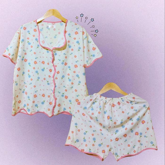Piyama Baju Tidur Pendek Setelan Motif Bunga Bahan Crinkle Dingin Lembutpiyama Wanita Dewasa - Katun