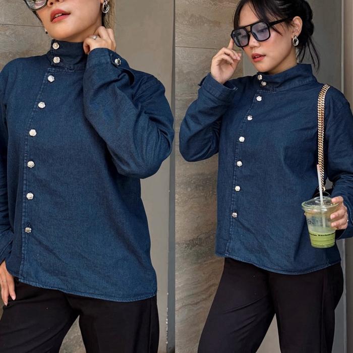 Berlyn High Neck Top | Neck Blouse | Kemeja Japandi Style Kemeja Janggan