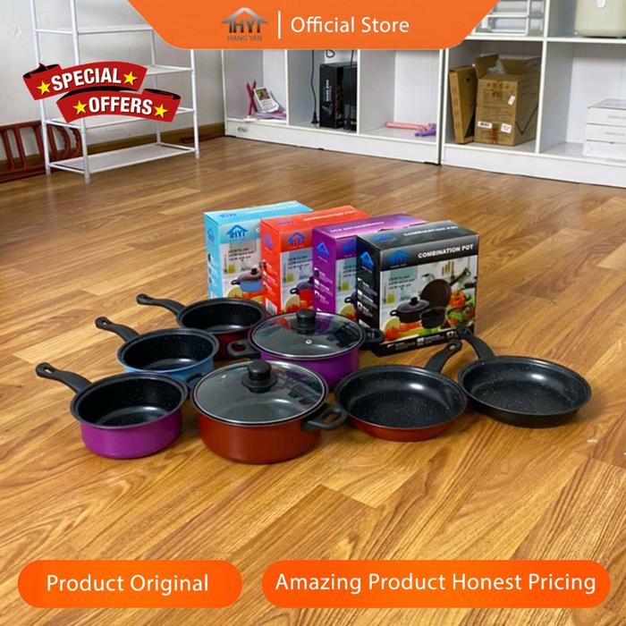 TERMURAH Panci Set 3 IN 1 Anti Lengket Panci Isi 3 Tutup Kaca Panci Set Pot Cookware Set Anti Lengke
