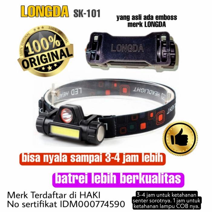 Senter Kepala Mini HEAD LAMP LED COB USB RECHARGEABLE PLUS MAGNET merek LONGDA SK-101 Original