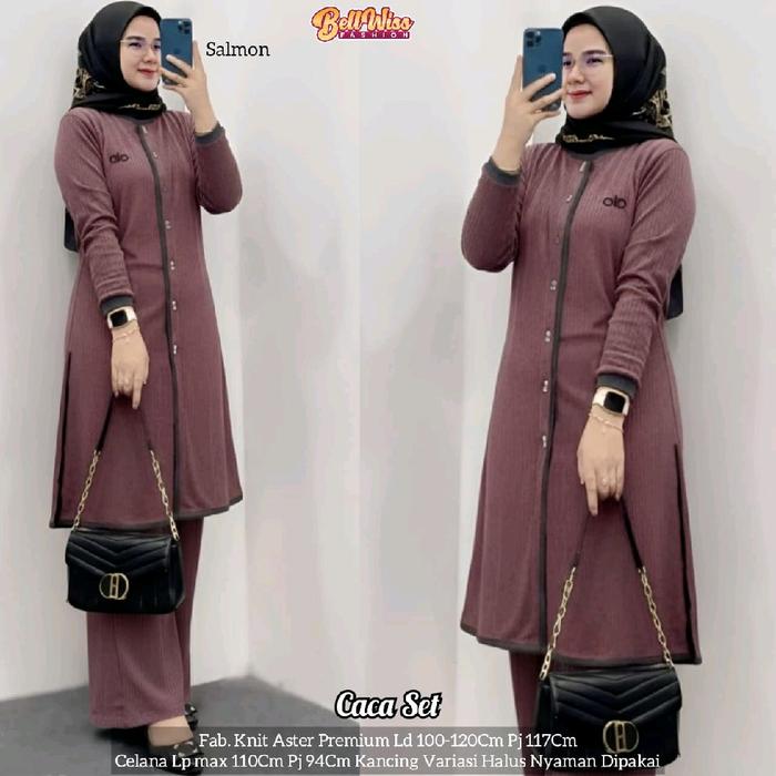 BellViss CACA ONESET SETELAN WANITA CELANA DAN KAOS BAHAN KAOS KNIT ASTER Original Tunik BajuSolo El