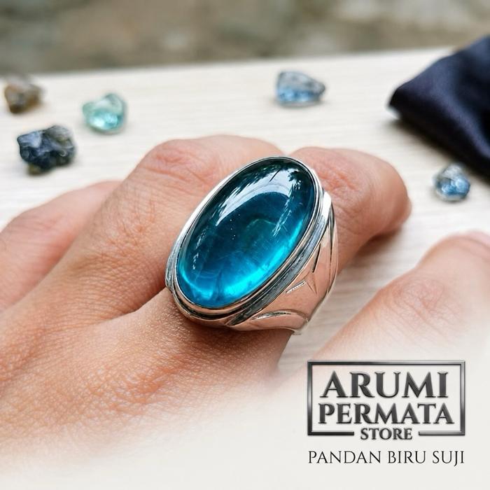 Batu Cincin Akik Pandan Biru Suji Polos Kristal Ring Stainless Anti Karat