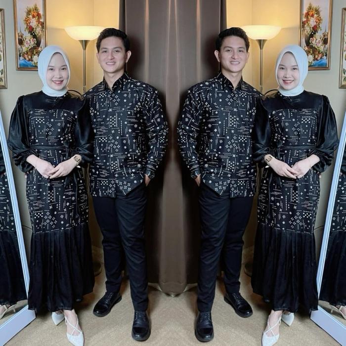 Kamala Hitam Gamis Couple Batik Kombinasi Polos Santorini Silk Premium Lebaran Kondangan Sarimbit
