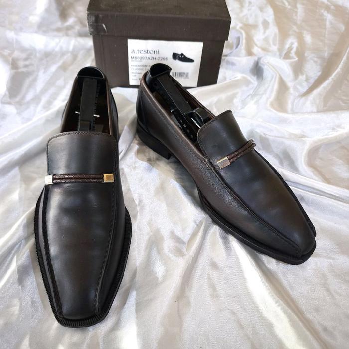 A. TESTONI Dark Brown Patina Loafers Bicycle Toe Sepatu Kulit Formal Pria Pantofel Casual Mocassin