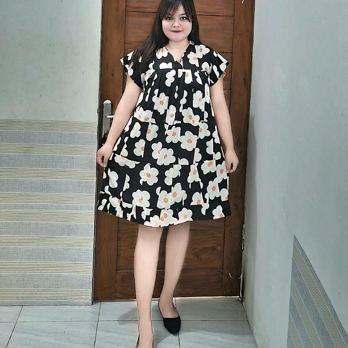 Puzzie Boo Flower Doodle Daster Dress Wanita Kekinian Rayon Lembut Tebal Bumil Busui Pendek Nyaman M