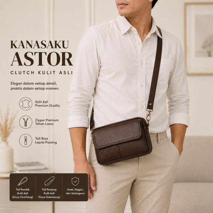 Kanasaku Astor Clutch Kulit Asli Pria Handbag Tas Selempang Premium 100% Kulit Sapi Fullap Hitam Cok