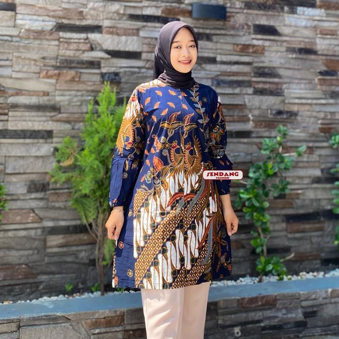 Tunik Batik Wanita Kondangan Premium Lengan Balon Motif Kahiyang Biru Navy Atasan Kerja Bahan Katun 