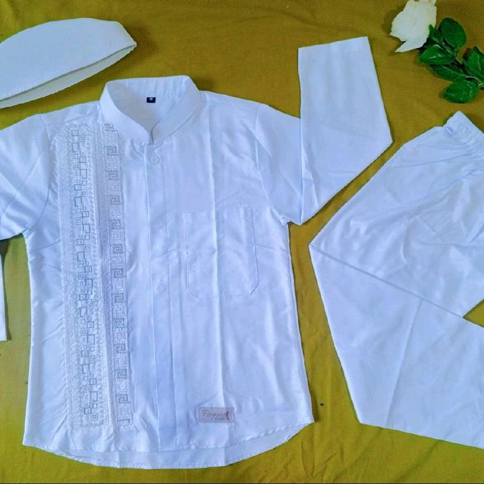 Rayyan Kids Wear Set Koko Muslim Putih Anak Usia 9-12 Tahun Bahan Katun Polymicro Bordir Indah Elega