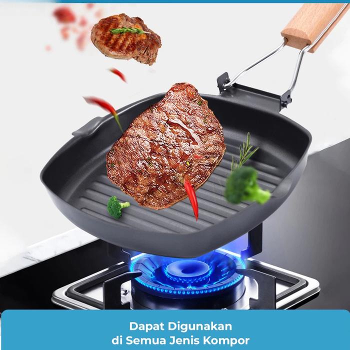 Panci Panggang Square Grill Pan Foldable 20Cm Wajan Bbq Anti Lengket Teflon Pemanggang Sate Serbagun