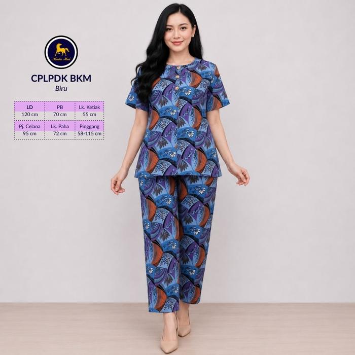Batik Kuda Mas Setelan CPLPDK | Piyama Wanita Celana Panjang Lengan Pendek 3 Kancing Depan