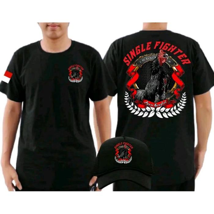 KAOS AYAM BANGKOK SINGLE FIGHTER BONUS TOPI CORAK MERAH AYAM HITAM