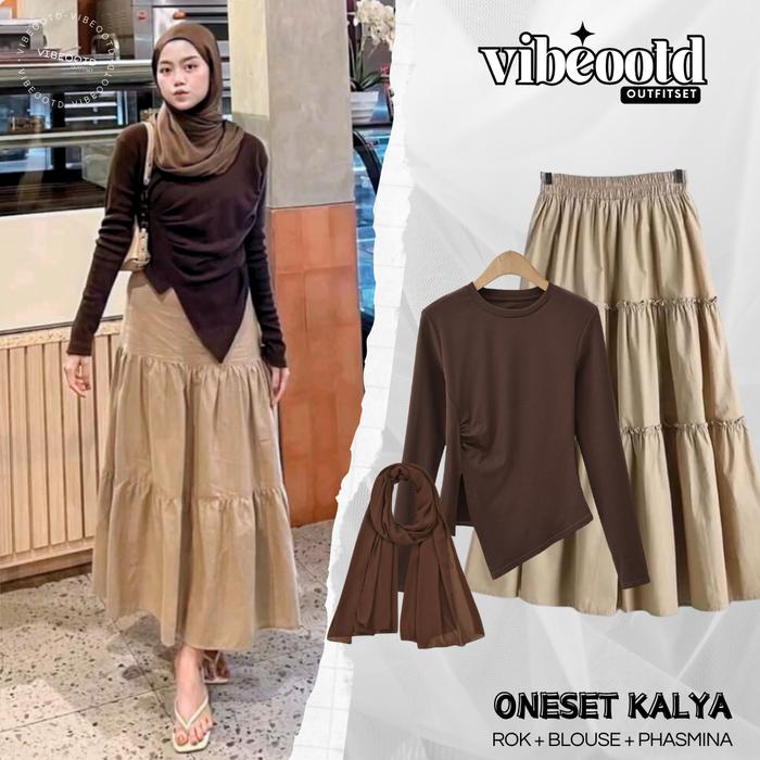 Kalya Outfit Set Wanita Hijab ( Bawahan Skirt Rok Susun Rempel Katun + Atasan Blouse Knit Rib + Pash