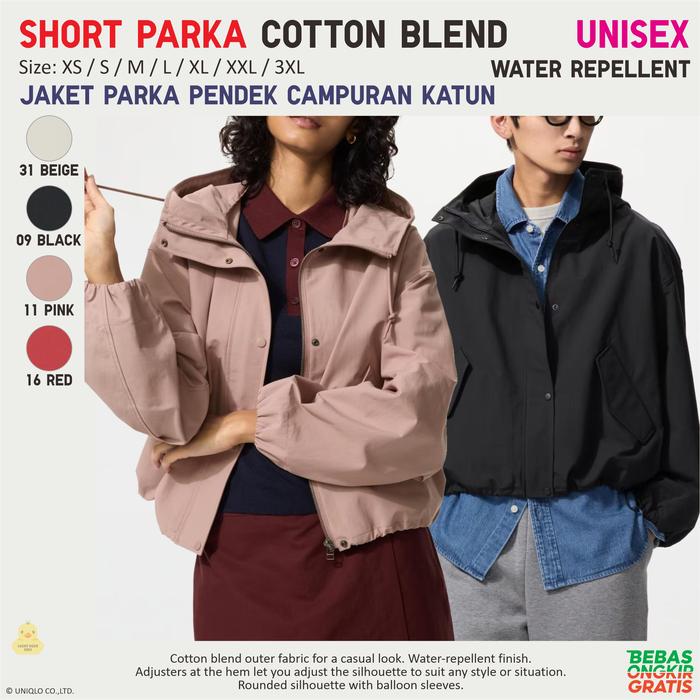 Jaket Pendek UNIQLO Women Cotton Blend Short Parka Katun Oversized Jacket Unisex Anti Hujan Unisex