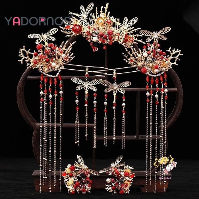 YADORNOS Tiara pengantin wanita menunjukkan pakaian Wo Toast pakaian kepala Tassel Phoenix Crown Acc