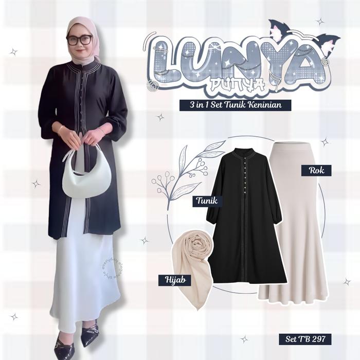 Ayunda Set 3in1 Outfit Lebaran Kekinian (Ayunda Tunik, Rok Duyung, Hijab Bella Square) OOTD Casual W