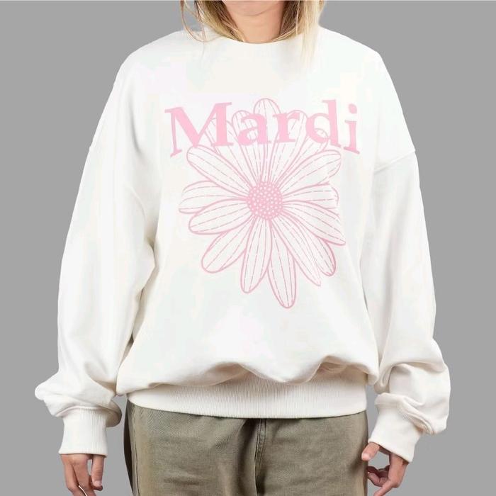 CN KOREA M4RDI OFF WHITE SABLON Sweater Wanita Bahan Premium 100% Cotton Desain Bunga Pink Tulisan M