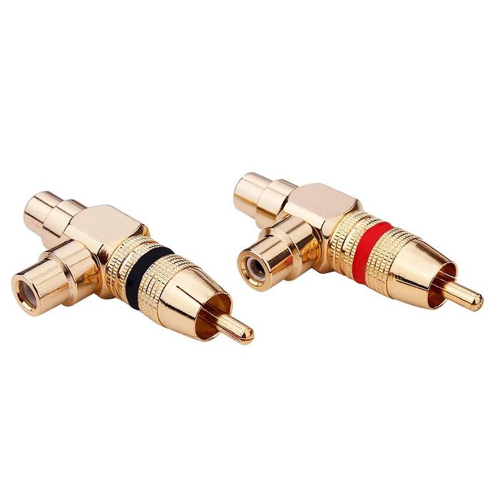 RCA Jack 1 Male To 2 RCA Female Speaker Audio Converter T Type Gold
