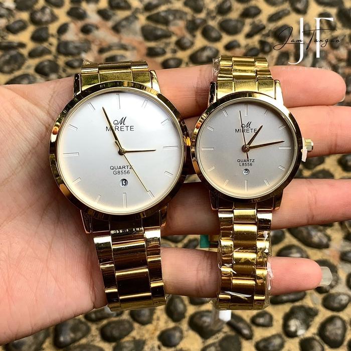 (FREE BATRAI) A69/8556 Mirete Jam Tangan Couple Pria dan Wanita Bulat Analog Rantai Hitam Bahan Stai