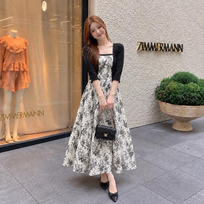 YIYA YOU MALL-Set Maxi Dress Motif Tumbuhan + Cardigan Hitam Crop Bahan Sutra
