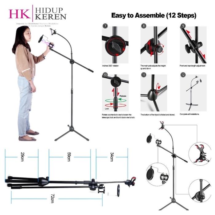 Alat Studio - Stand Mic Holder Phone Tiang Panjang Microphone Dengan Holder hp Smartphone 360 Degree