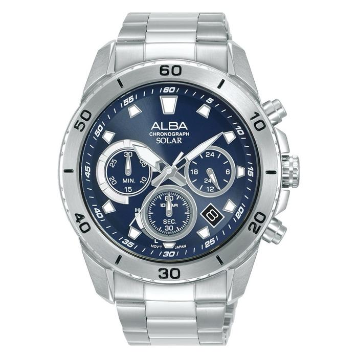JAM TANGAN ANALOG PRIA ALBA AZ5013X1 / AZ5013 / AZ5013X SOLAR CHRONOGRAPH BLUE DIAL STAINLESS STEEL
