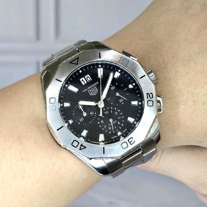 TagHeuerAquaracer 43mm Chronograph Jam Tangan Pria dengan Dial Hitam Kaca Kristal Tali Rantai dan Bu