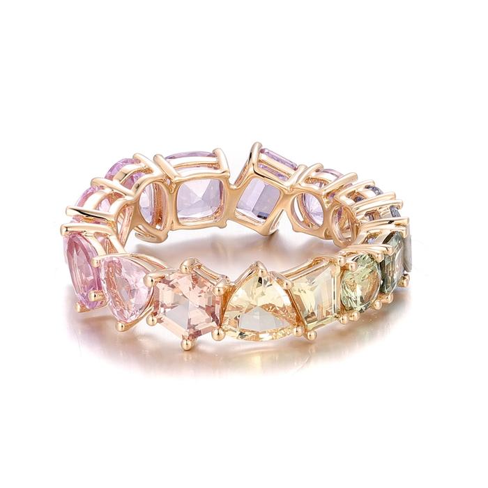 TDA Fancy Cut Rainbow Sapphire Eternity Band Cincin Emas Batu Safir Asli Wanita