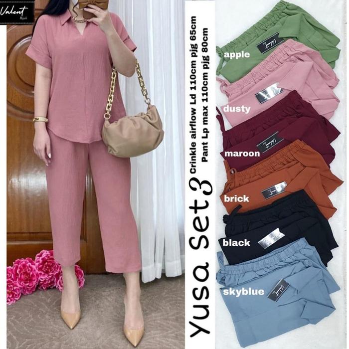 YUSA SET CRINKLE AIRFLOW LENGAN PENDEK // SETELAN LENGAN PENDEK // ONE SET POLOS // SETCEL POLOS // 