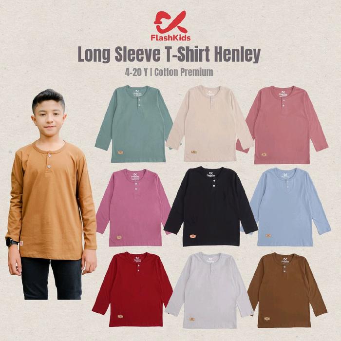 FlashKids Kaos Anak Panjang Henley LS 4-12 Tahun Baju Fashion T-shirt Henley Longsleeve 4-12 Y Mat C