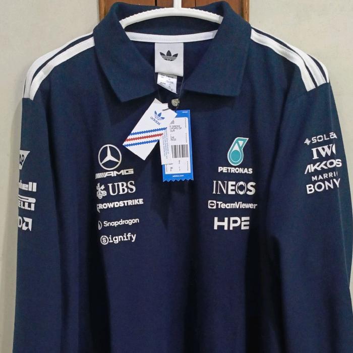 28. Adidas Lengan panjang Polo Biru Tua dengan Logo AMG UBS Petronas INEOS Team Viewer HPE dan Spons