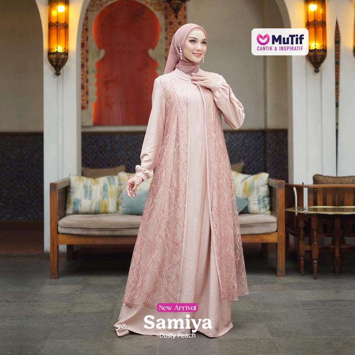 MUTIF Gamis Wanita Dewasa Samiya Dusty Peach Set Outer Brukat Dress Panjang Busui Wudhu Friendly