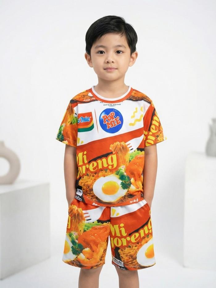 Setelan Jersey Motif Mie Goreng PopMie Kaos & Celana Pendek Lucu Kekinian Setelan Harian Lucu & Nyam