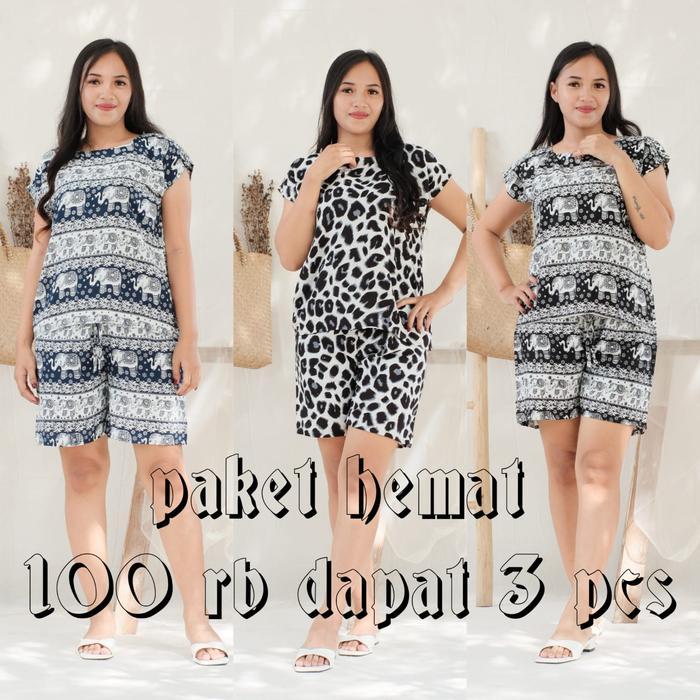 Oneset Babydoll Wanita Viral Setelan Baju Tidur Cantik Adem Nyaman Rayon Macan Abu Rosela Hitam Maca
