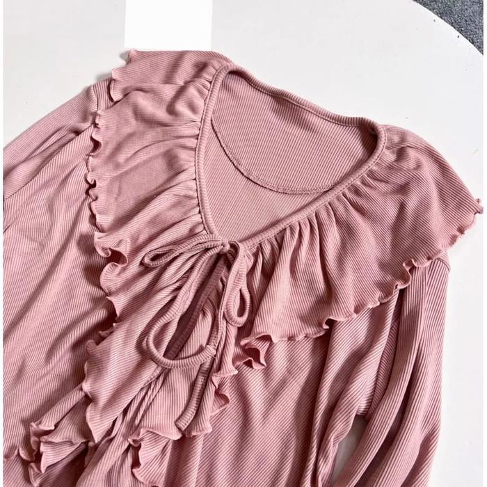 CARDIGAN RUMBAI RUFFLE CROP Knitwear Baju Atasan Outer Wanita Rib Top Tebal