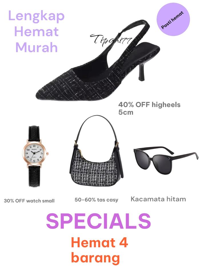 4 set sepatu sandal higheels pesta 5cm+kacamata+jam+tas bahu selempang casy Wanita