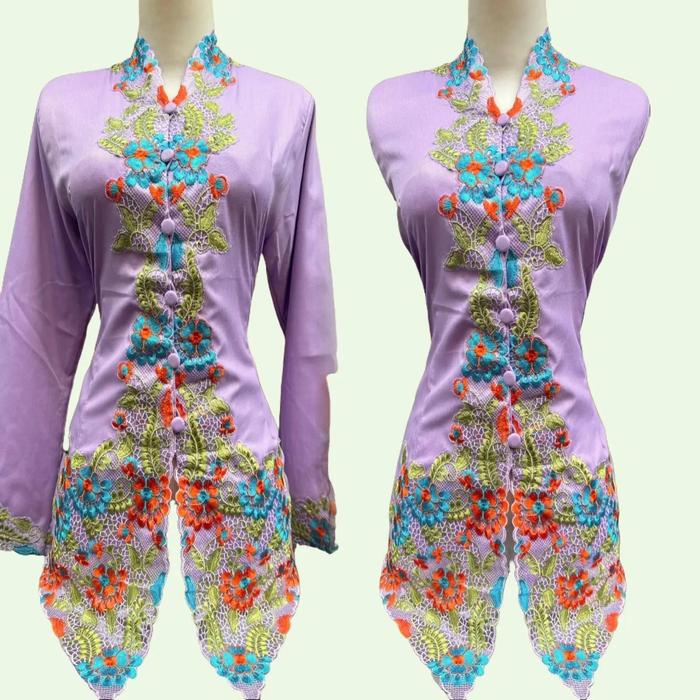 Original Kebaya Encim Bordir Motif Bunga Bahan Katun Toyobo Warna Lavender