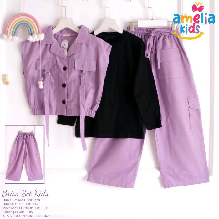 Brisa set setelan 3in1 inner kaos outer rompi celana katun linen anak 9-13 tahun
