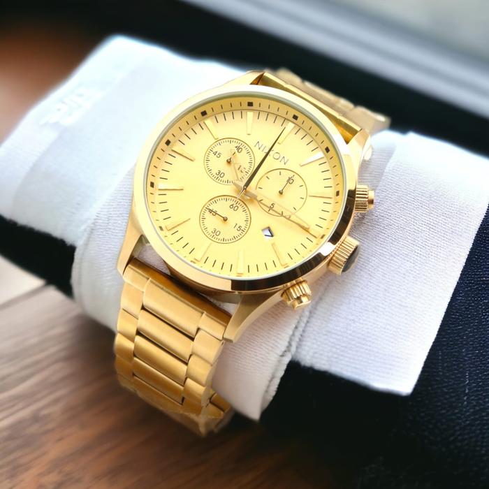 Jam Tangan Pria Man Analog Stainless Steel Nixon Sentry Chrono Gold Chronograph Date On Tanggal Akti