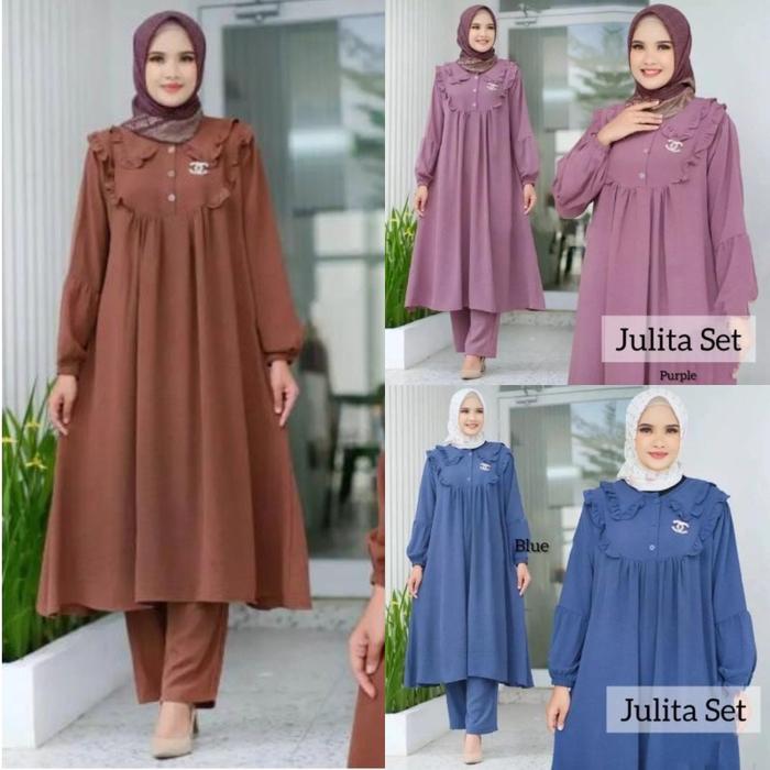 JULITA SET LONG LD 115-120cm CRINKLE PREMIUM / SETELAN POLOS LONG TUNIK JULITA / ONE SET POLOS RENDA