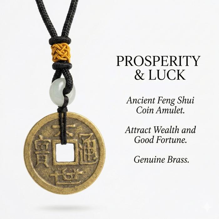 Kalung Koin Feng Shui Kuno Kuningan Asli - Liontin Amulet Keberuntungan Penarik Rezeki Prosperity Lu