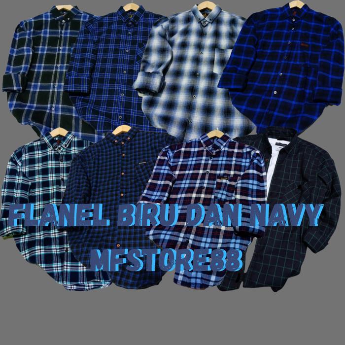 Kemeja flanel wanita cewek cowok distro tebal dominan warna biru navy kotak lengan panjang pria prem