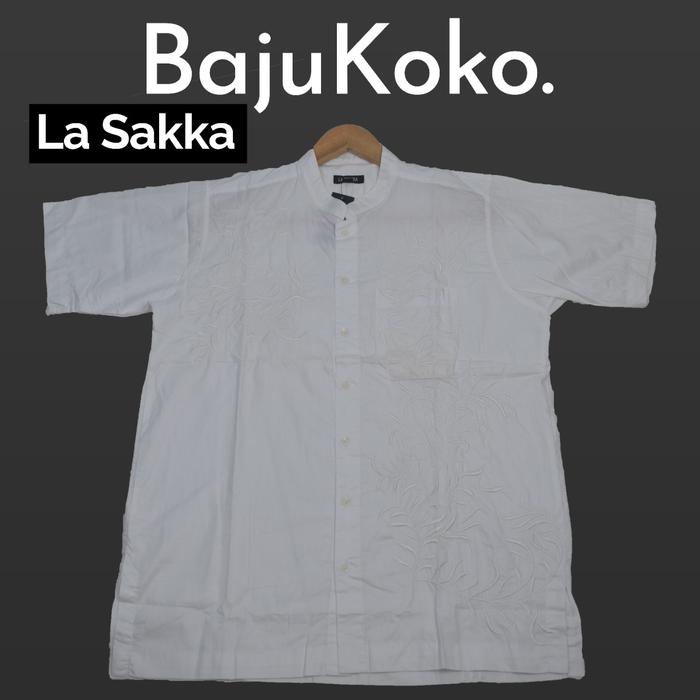 Baju Koko Pria La Shakka Putih Motif Bordir Daun Lengan Pendek