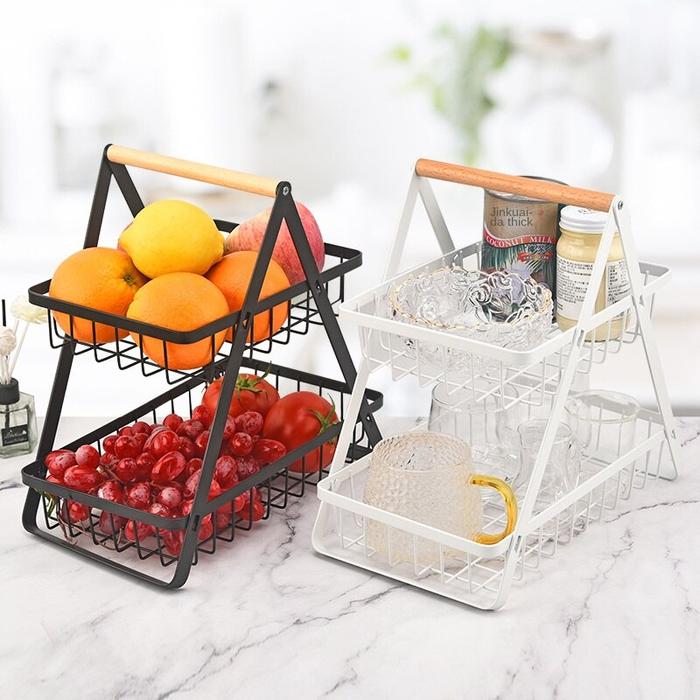 2-Tier Metal Fruit Basket Portable Kitchen Storage Countertop Shelf