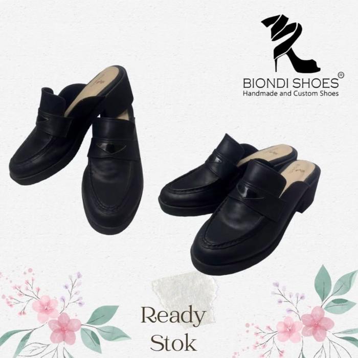 Biondi shoes - selop sandal wanita warna hitam shak 3 cm kotak