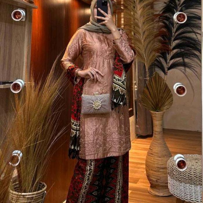 STELAN Baju Kamari ARMANY SILK BORDIR Setelan Tunik Muslim Dewasa