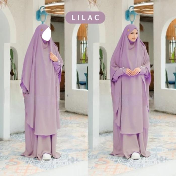 French Set Gamis Khimar Warna Lilac – Desain Elegan, Tangan Resleting & Aksen Kancing Mewah