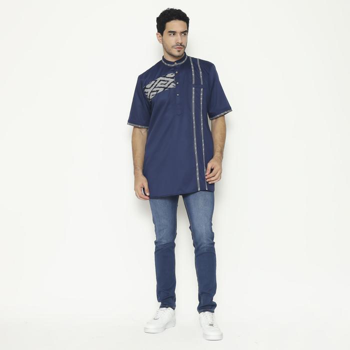 atasan koko muslim lengan pendek bahan premium batik tenun kekinian  kemko cowok warna biru navy kom